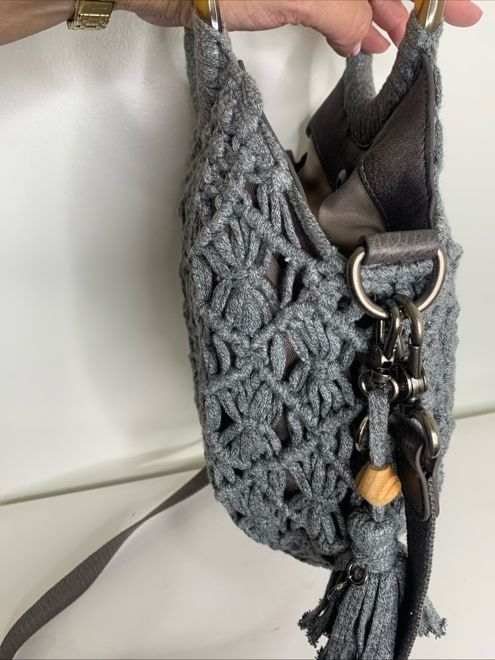 Sak Helena Crochet Circle Handle Crossbody Tortoise Shell Ring Top Handle Gray - Picture 13 of 15